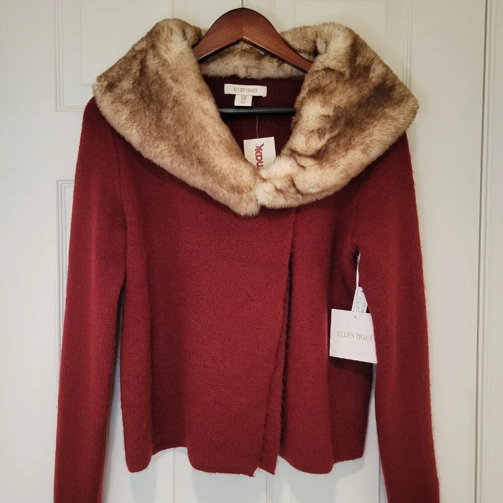 ELLEN TRACY Faux Fur Collar Cardigan NWT - Picture 2 of 10